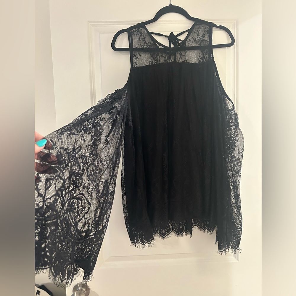 Chic Black Lace Women's Cold Shoulder Blouse